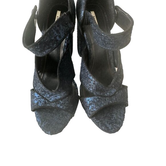 ZARA Blue Black Velvet Block Heels Size 37/ US 6.5 - Picture 4 of 9